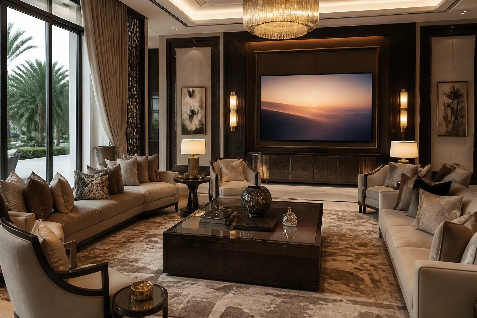 Abu Dhabi compound sitting room with a finished television wall