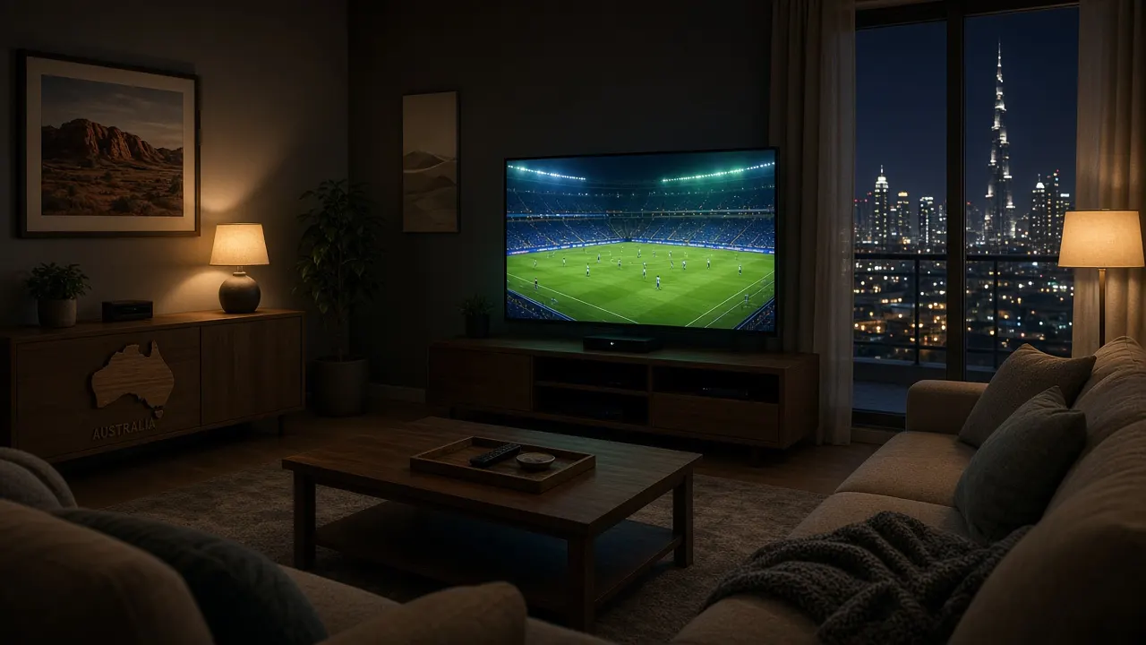 Late-evening Dubai apartment living room set up for odd-hour viewing