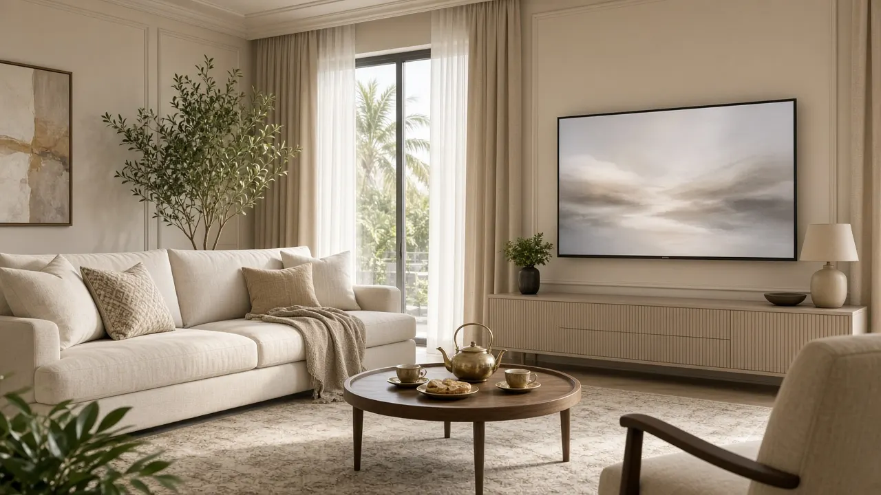 Bright British-style family lounge with a television in Dubai