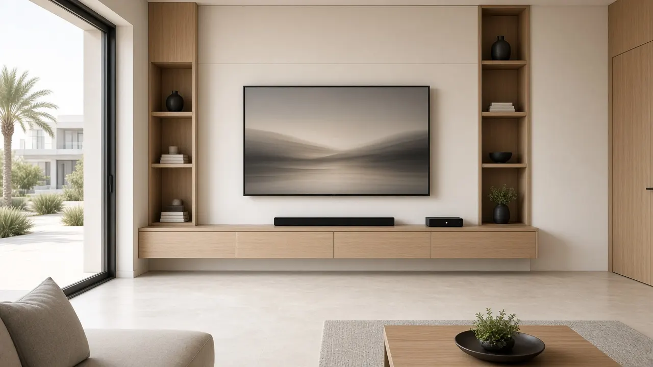 Minimal German-influenced UAE sitting room with a dedicated TV setup