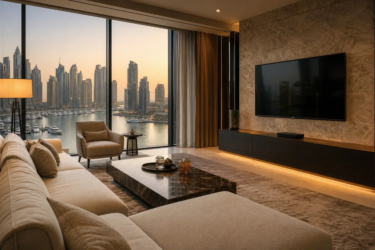 Dubai apartment living room with a wall-mounted television