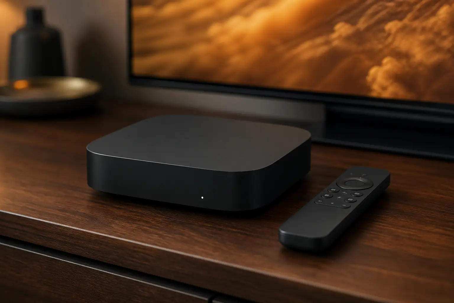 Unbranded dedicated living-room IPTV box on a media console
