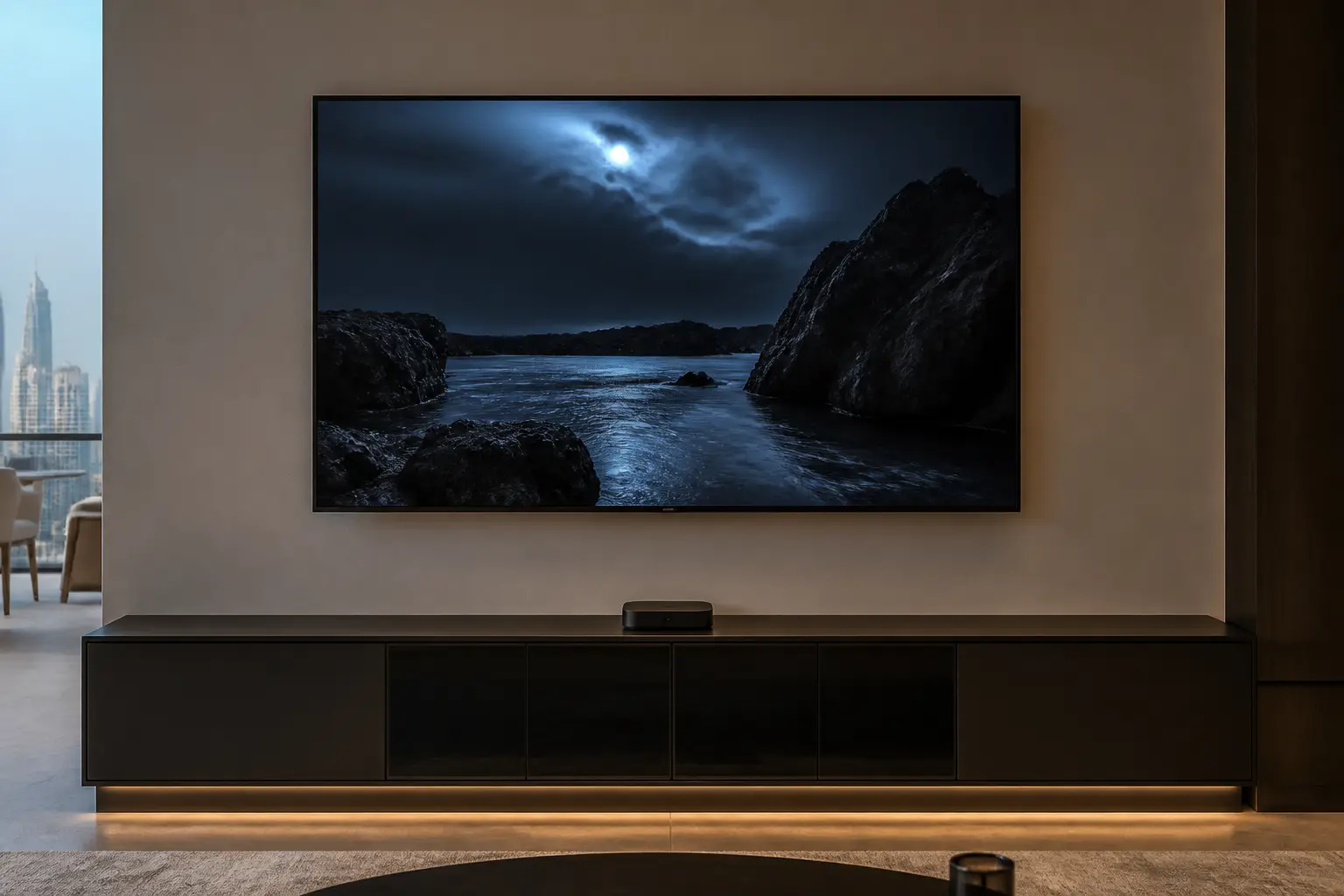Wall-mounted television above a media console in a luxury UAE home