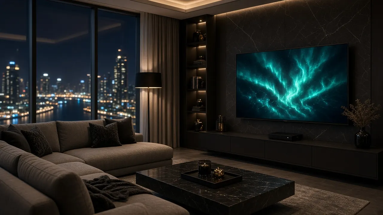 Dubai Marina high-rise living room with city lights and a television