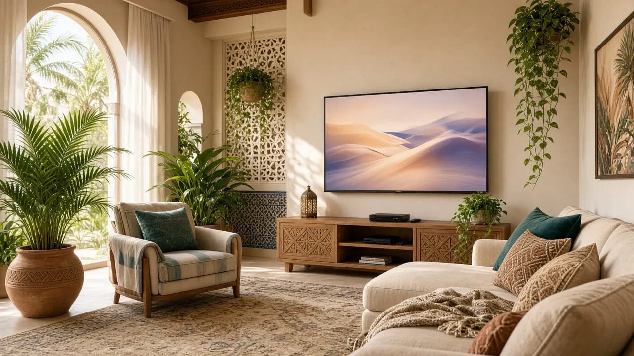 Bright Spanish-speaking family lounge with a television in the UAE