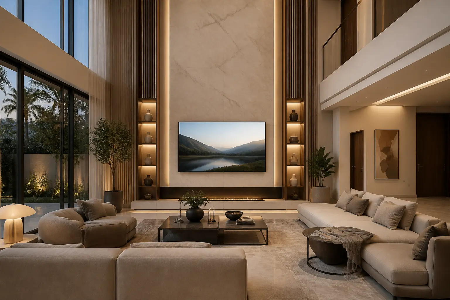 Villa sitting room with a large television in the UAE