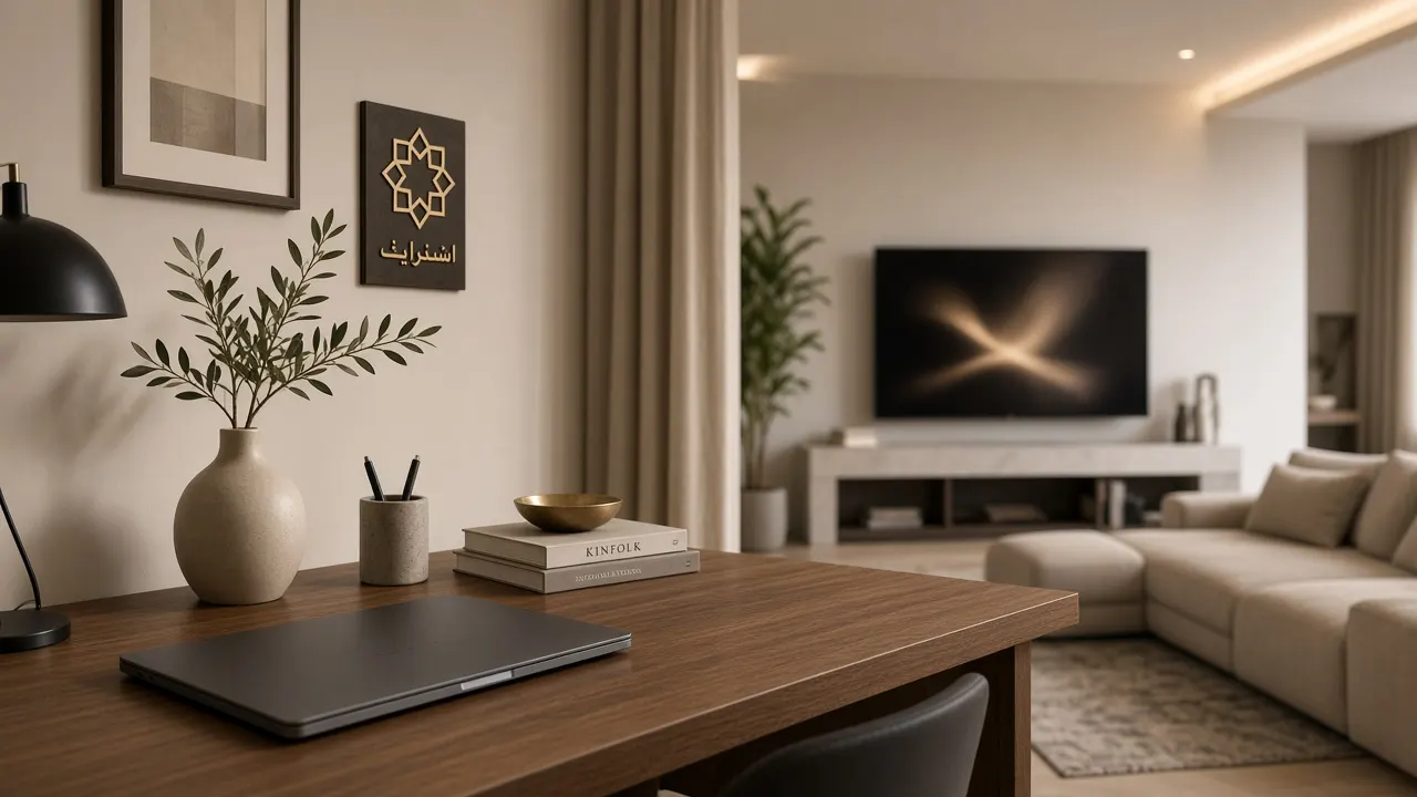 Calm UAE home interior with a living-room television in soft focus
